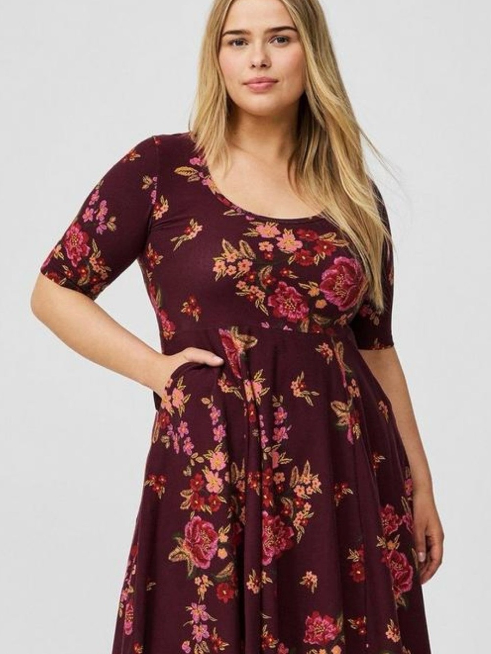 Torrid Burgundy Floral Scoop-Neck Midi Dress